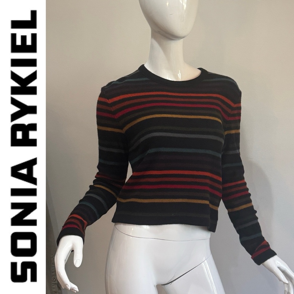 Vintage Sonia Rykiel Rainbow Stripe Wool Angora Cropped Crew Neck Sweater